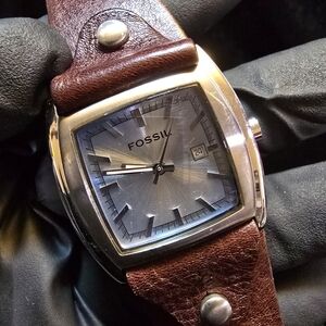 Fossil Silver Dial Watch with Brown Leather Strap (34mm Unisex)